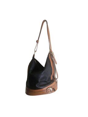 Valentina Black Caramel  Pebbled Leather Bucket Bag Adjustable 2 Zip Compartment